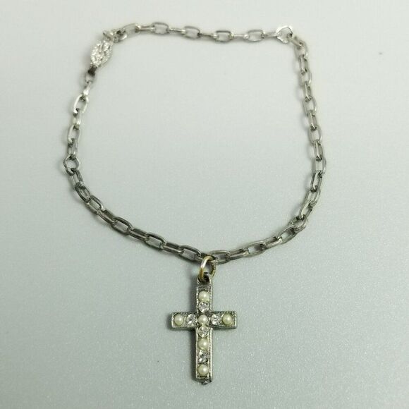 Vintage Rhinestone Cross Charm Bracelet, Silver Tone, Clasp Marked Ster - Picture 6 of 7